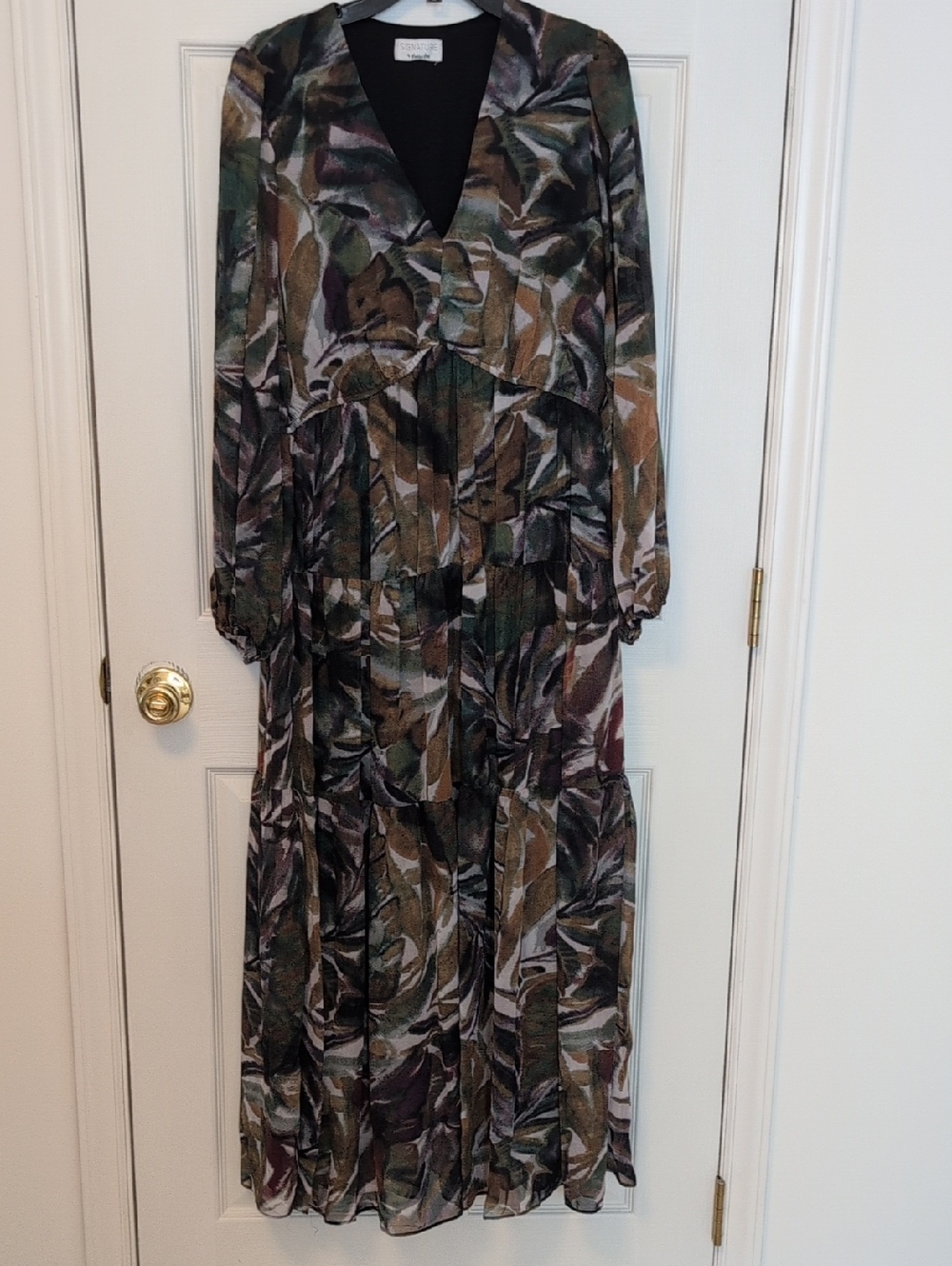 Robbie Bee Olive Green and Brown Leaf-Print Tiered Maxi Dress